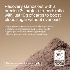 Momentous Recovery whey protein scoop showing texture ideal for quick post-workout shake.