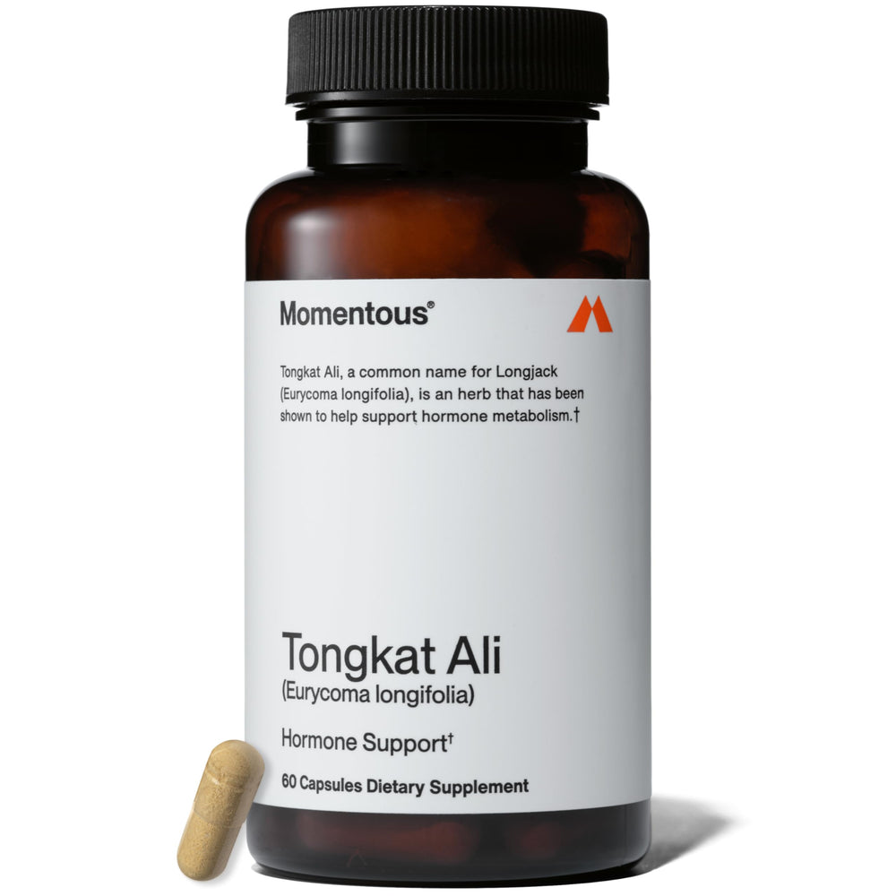 Momentous Tongkat Ali bottle front highlighting a 400 mg daily option for energy and mood
