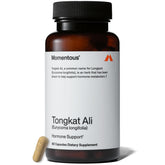 Momentous Tongkat Ali bottle front highlighting a 400 mg daily option for energy and mood