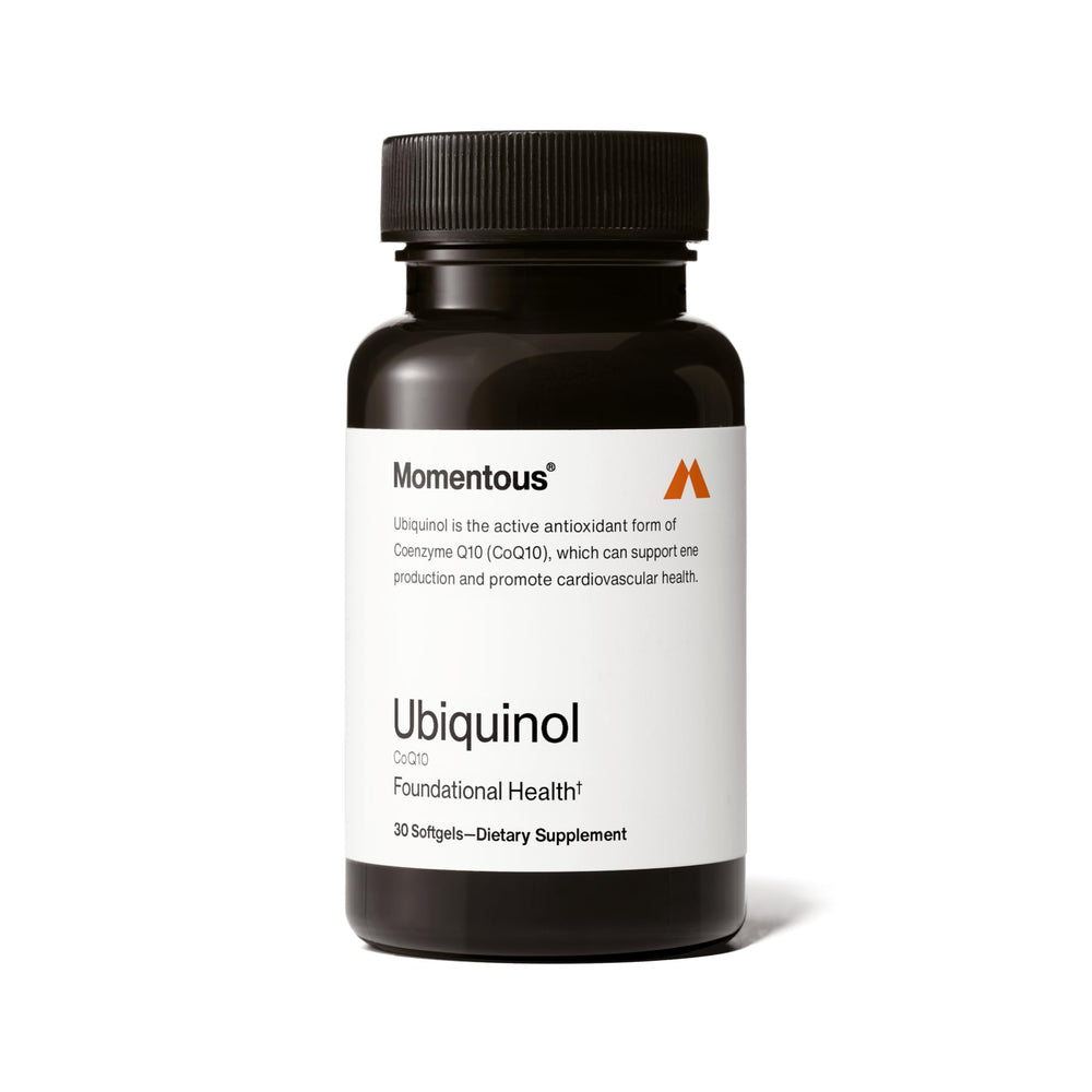 Momentous Ubiquinol softgel bottle front view showing plant-based CoQ10 support for daily energy