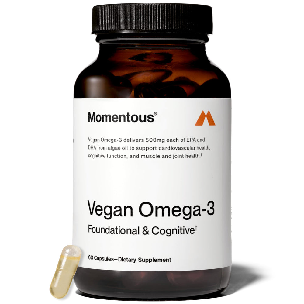 Momentous Vegan Omega-3 bottle highlighting algae-based EPA and DHA for daily use.