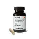 Momentous Vitamin D3 bottle cap close-up, NSF Certified for Sport, supports bone health.