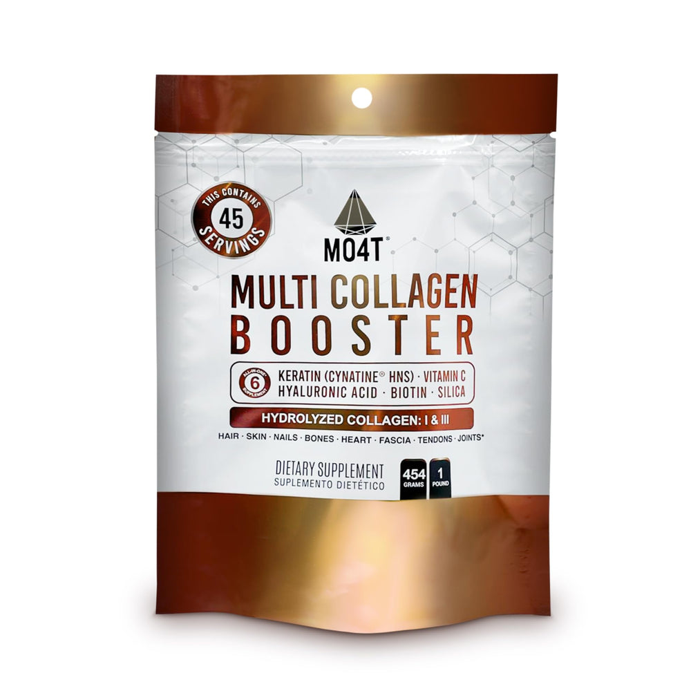 Front view of MOMOF4TRANSFORM Multi Collagen Booster tub highlighting premium protein blend for daily use