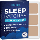 MONIER Sleep Patches pack shot showing a 60-count bottle for long-lasting night comfort