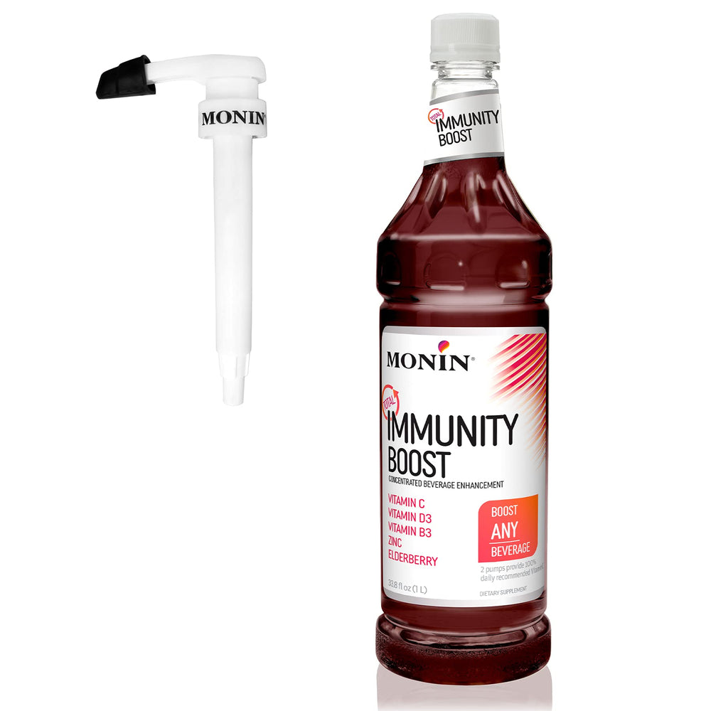 Monin Total Immunity Boost bottle with pump for easy daily vitamin C addition.