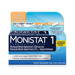 Monistat 1-Dose ovule insert package shows convenient treatment for yeast infection symptoms.
