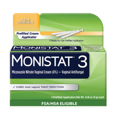 Monistat 3-Day packaging shown for convenient at-home yeast infection relief.
