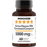 MONOHERB Active Hexose 10x bottle highlights pure mushroom formula for daily wellness.