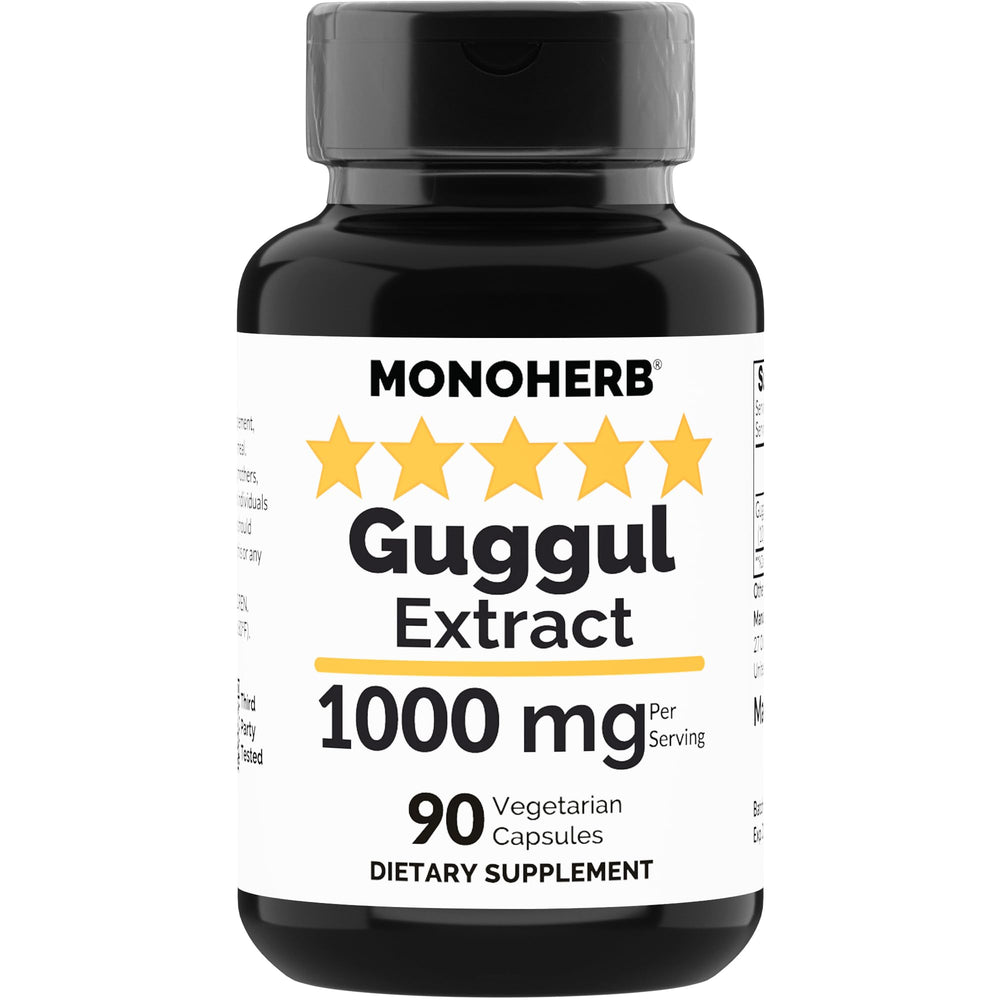 MONOHERB Guggul Extract bottle front shows 1000 mg per serving for daily wellness.