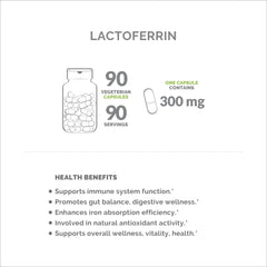 MONOHERB Lactoferrin label detail shows soy-free, gluten-free, non-GMO formula.