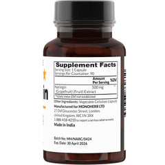 MONOHERB Naringin 500 mg capsules close-up displaying transparent veggie capsules for easy swallowing.