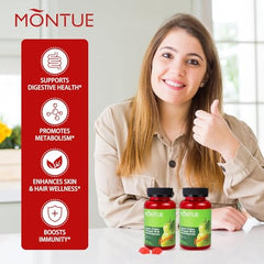Montue label focusing on B12 and non-GMO benefits for energy and gut health.
