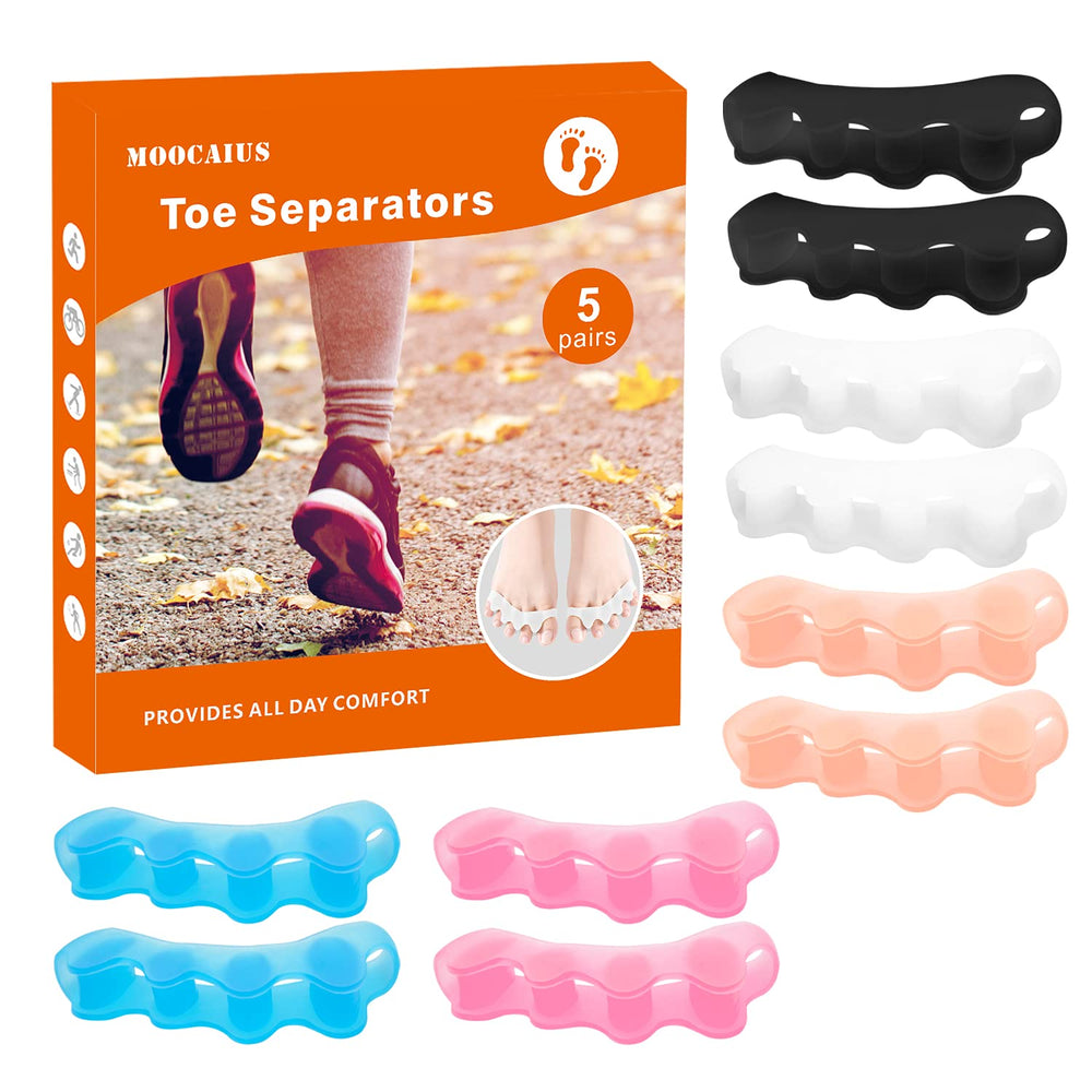 Moocaius Toe Separators 5-color pack shown together for gentle toe alignment and everyday comfort.