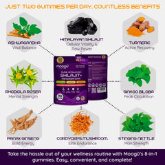 Moogǔ Organics Shilajit Cordyceps Turmeric gummies bottle promotes stamina.