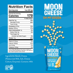 Moon Cheese Oh My Gouda Bites product shot emphasizes protein-rich snack option