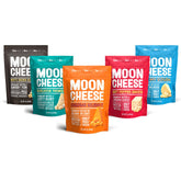 Moon Cheese variety-pack bags display all flavors for quick, protein-rich snacking.