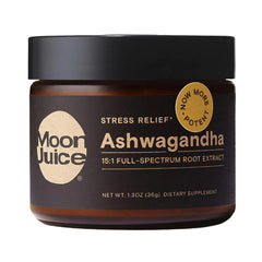 Moon Juice Ashwagandha root powder bottle with organic 15:1 extract for daily balance.