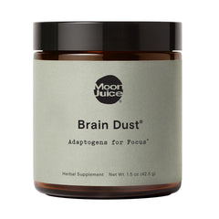 Moon Juice Brain Dust bottle closeup showing focus support blend.