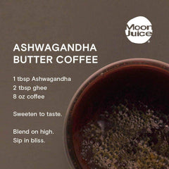 Moon Juice organic Ashwagandha powder close-up with earthy aroma, ideal for smoothies.