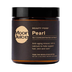Moon Juice Pearl powder extract bottle highlights a premium 10:1 concentrate for antioxidant support.
