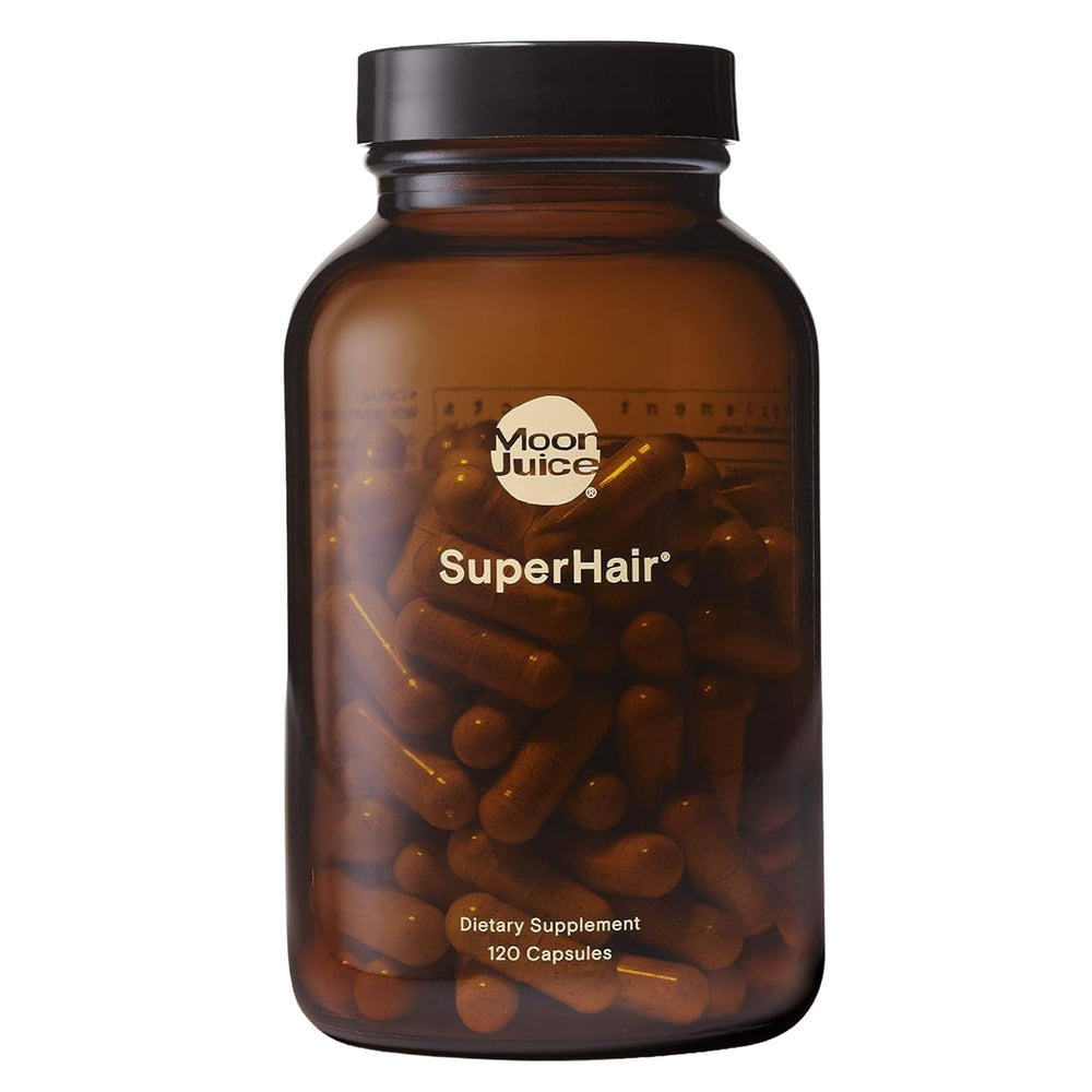 Moon Juice SuperHair bottle label shown for daily hair health support