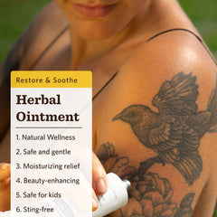 Moon Valley Organics herbal ointment label closeup, highlighting calendula and propolis for skin support.