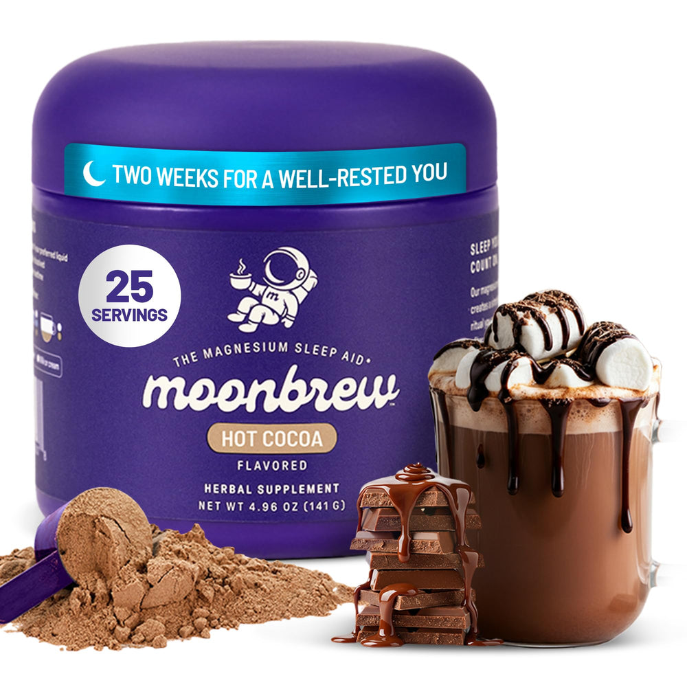 MoonBrew Nighttime Magnesium Hot Cocoa jar ready for a calming bedtime ritual