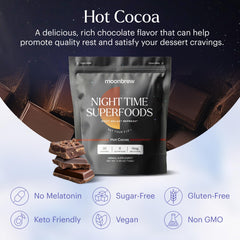 MoonBrew Nighttime Magnesium Hot Cocoa mug with steam showcasing rich chocolate taste