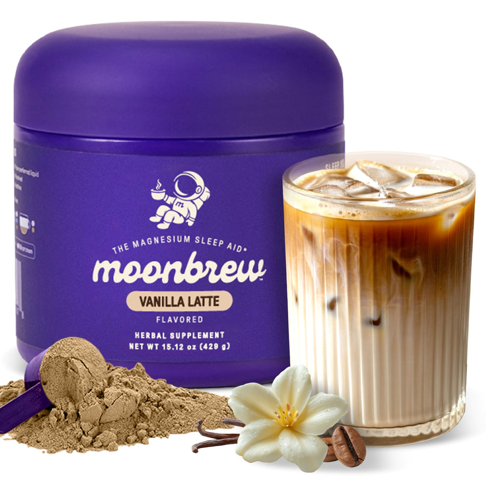 MoonBrew Nighttime Vanilla Latte tub, melatonin-free sleep ritual.
