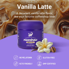 MoonBrew Vanilla Latte jar closeup, highlights gluten-free unwind.