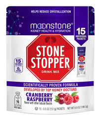 Moonstone Stone Stopper Drink Mix bottle showing cranberry raspberry flavor for hydration support.
