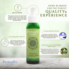 Moonwater Elixirs crystal-infused sage spray with crystal closeup for enhanced ritual energy