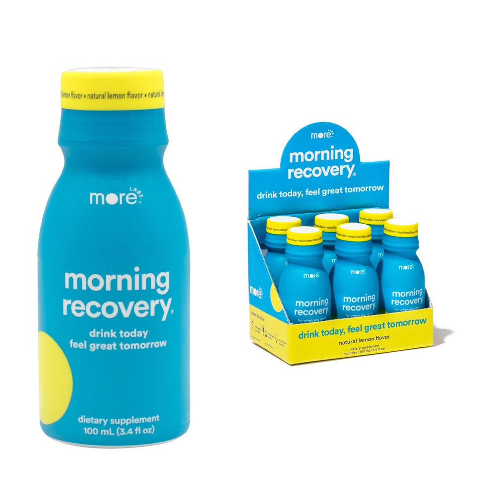 More Labs Morning Recovery bottle being poured for post drinking hydration and refreshment.