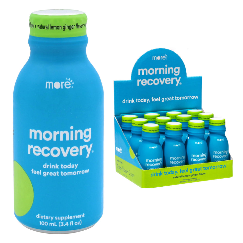 More Labs Morning Recovery electrolyte bottle with lemon-ginger flavor for post-drink hydration.