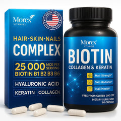 MOREX VITAMINS biotin-collagen-keratin bottle close-up promotes hair strength