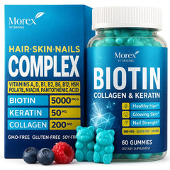 Morex Vitamins Biotin Gummies bottle—hair, skin, nails support in a tasty chew.