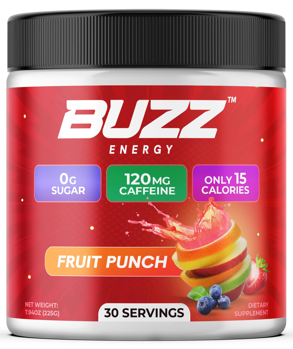 Morning Buzz energy powder bottle being poured for a quick morning boost