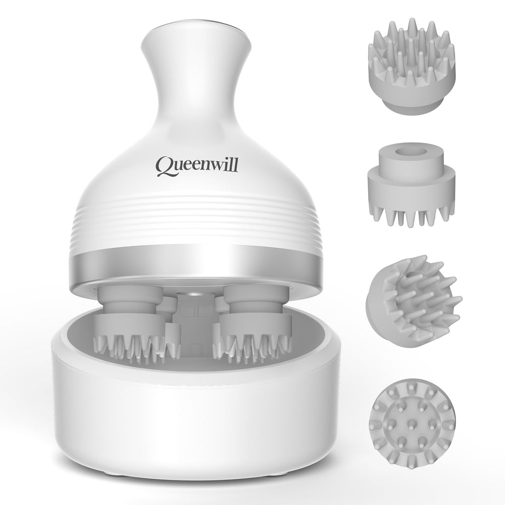 Mornwell Queenwill 360-degree scalp massage head with 128-node silicone system for deep kneading.