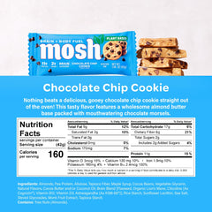 Close-up of almond butter base with chocolate morsels in MOSH bar, tasty and energizing.