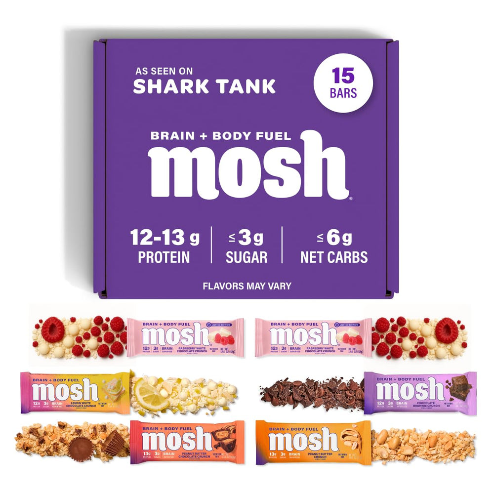 MOSH Variety Pack keto bars front view, gluten-free high-protein snack.