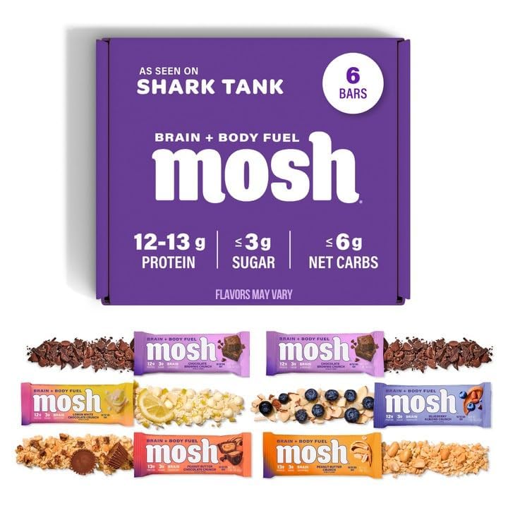 MOSH variety-pack keto bars pack shot showing gluten-free, high-protein snack options.