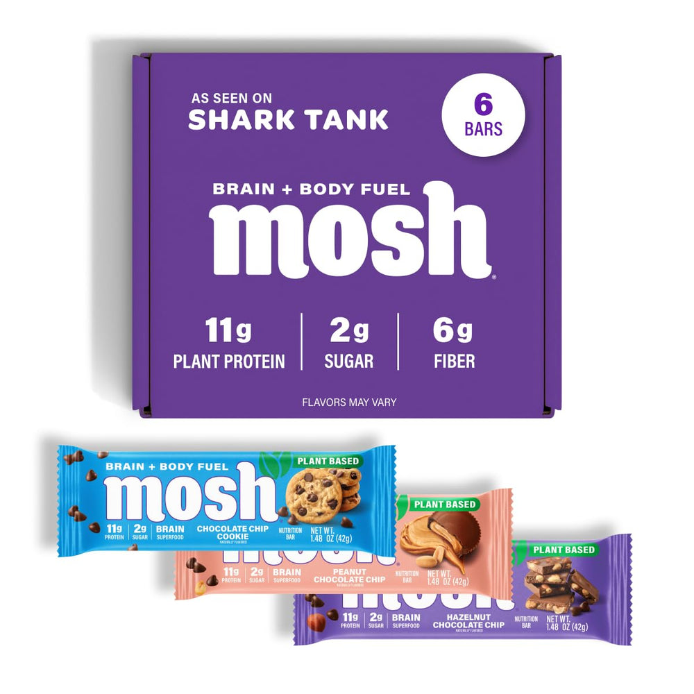 MOSH Variety Pack vegan bars show assorted flavors for quick brain-boosting snacking