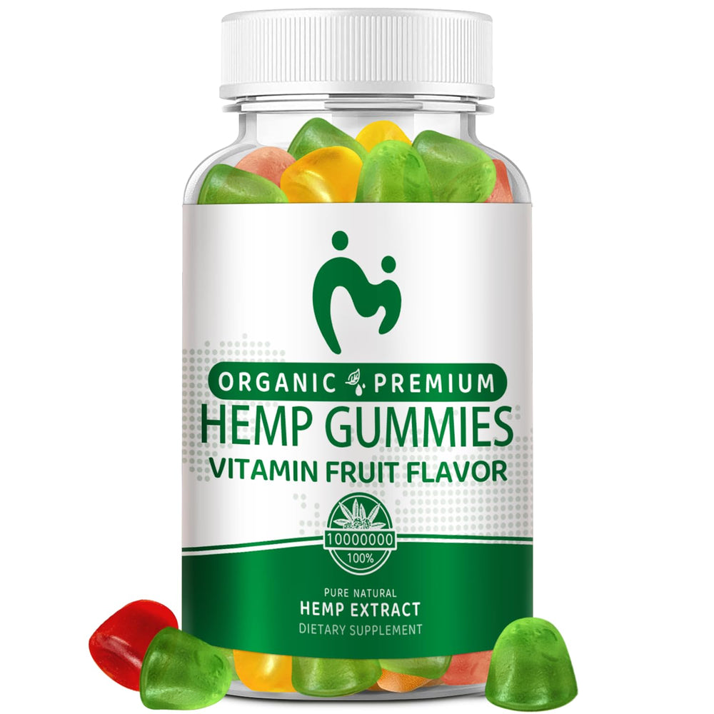 MOSRAY Hemp Gummies bottle close-up highlighting potency and natural formula.