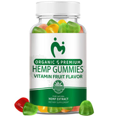 MOSRAY Hemp Gummies bottle close-up highlighting potency and natural formula.