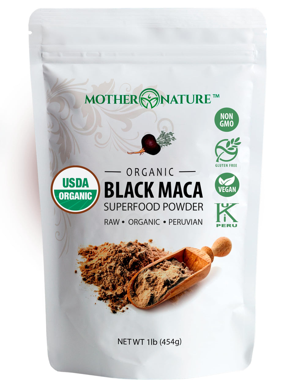 Mother Nature Organics Black Maca Powder bag showing 100% organic maca
