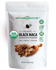 Mother Nature Organics Black Maca Powder bag showing 100% organic maca
