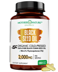 Mother Nature Organics black seed oil bottle highlights 2000 mg per serving, cold-pressed quality.