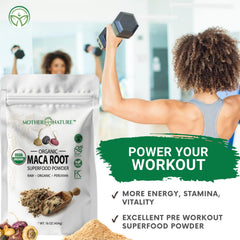 Mother Nature Organics maca powder scoop for smoothies and shakes