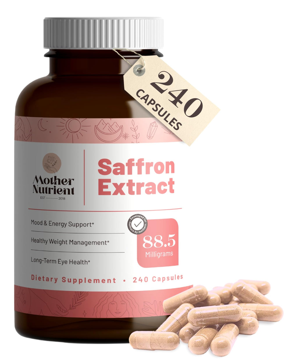 Mother Nutrient saffron extract bottle shows pure saffron potency.