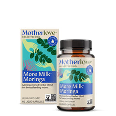 Motherlove More Milk Moringa bottle on shelf supports lactation convenience.